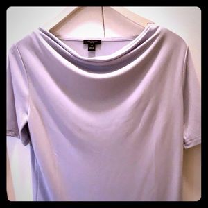 Cowl neck, soft lilac colored short sleeve top.